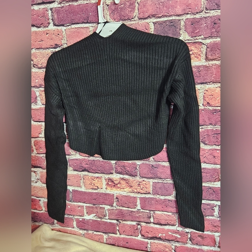 Zara Black Ribbed Long Sleeve Crop Blouse Womens Size Xsmall - Picture 5 of 8